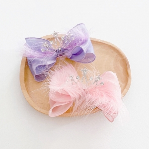 Girl Hair Clip Bow Feather Crown Stand (GHP9540)